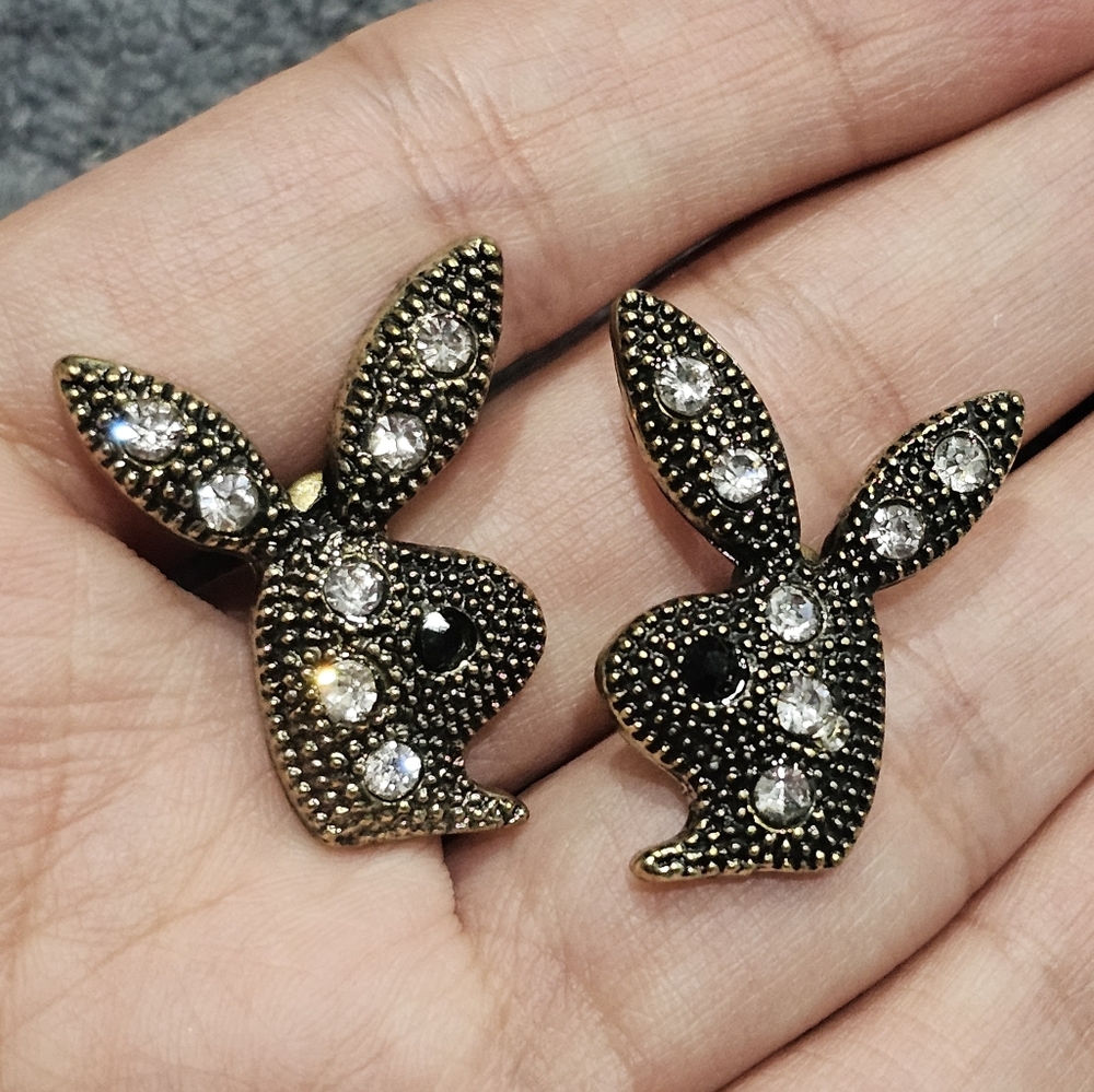 Vintage Bunny Rhinestone Earrings Y2K Antique Gold Statement Studs